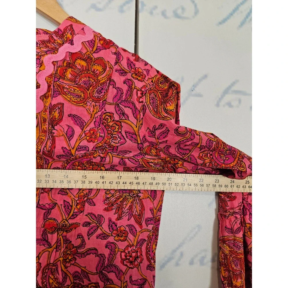 Lola Australia Tunic Dress Small Pink Paisley Tiered Ric Rac Bell Sleeve Boho